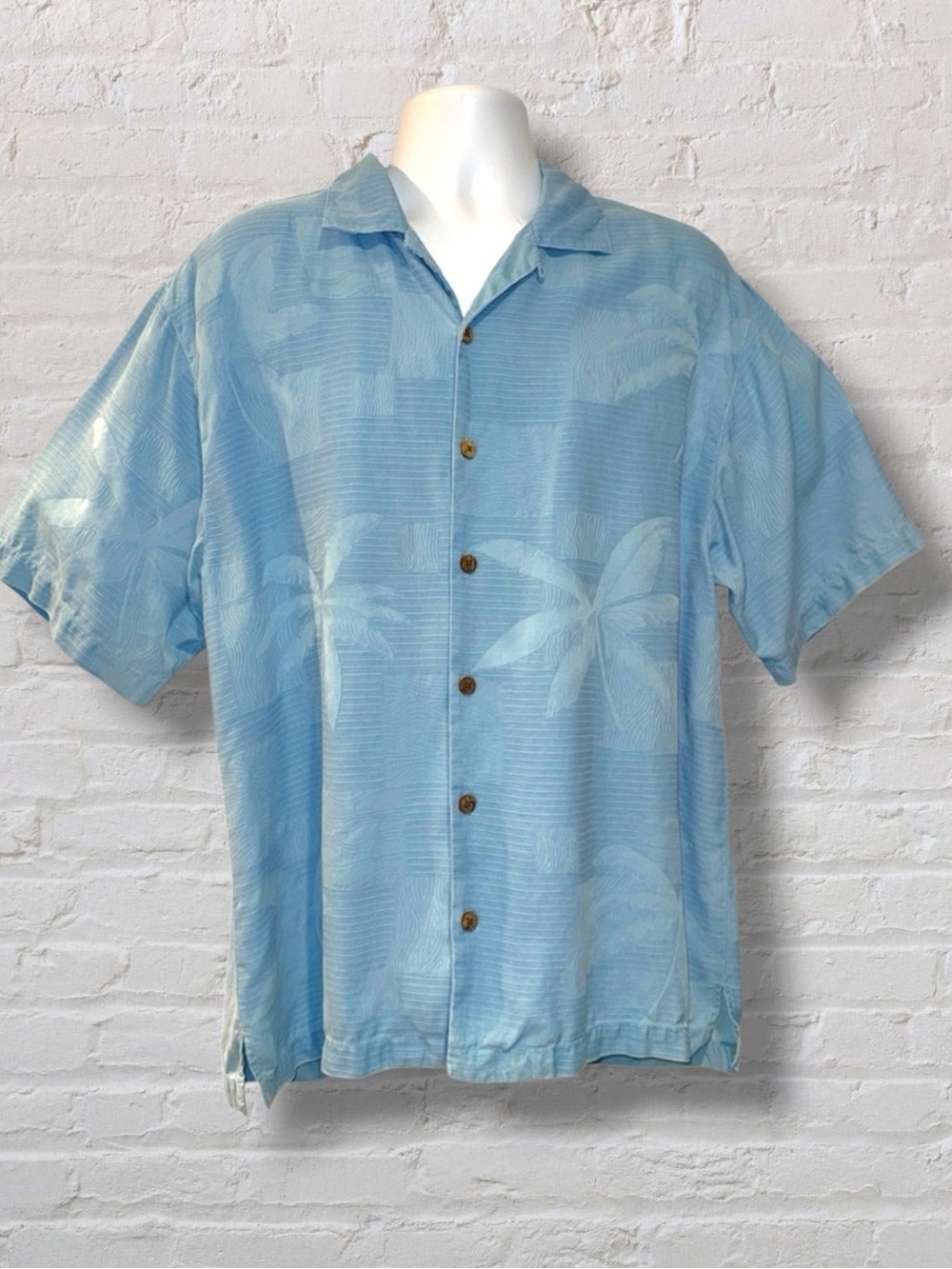 Tommy Bahama Silk Palm Tree Jacquard Button Shirt Blue Camp Aloha Shirt XL